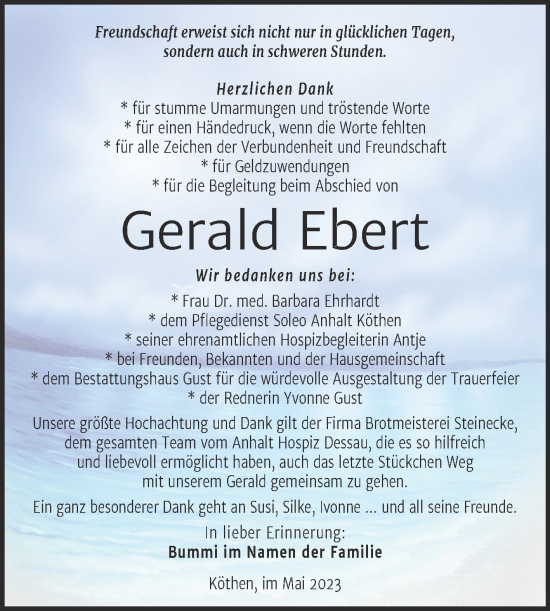 Traueranzeige von Gerald Ebert von Trauerkombi Köthen
