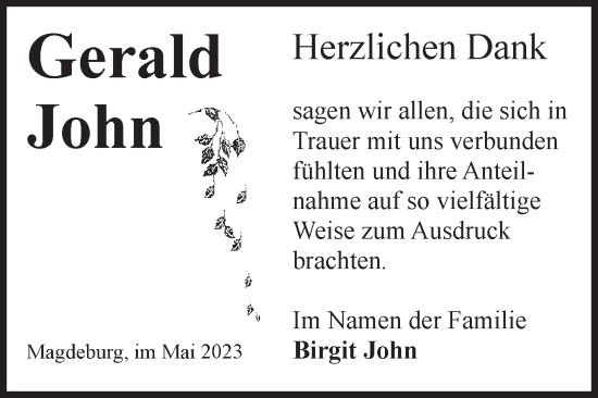 Traueranzeige von Gerald John von Volksstimme Magdeburg