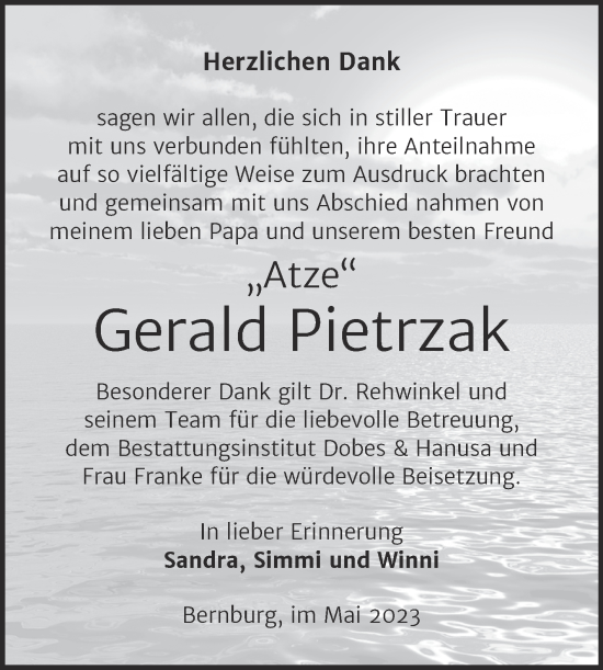 Traueranzeige von Gerald Pietrzak von Trauerkombi Bernburg