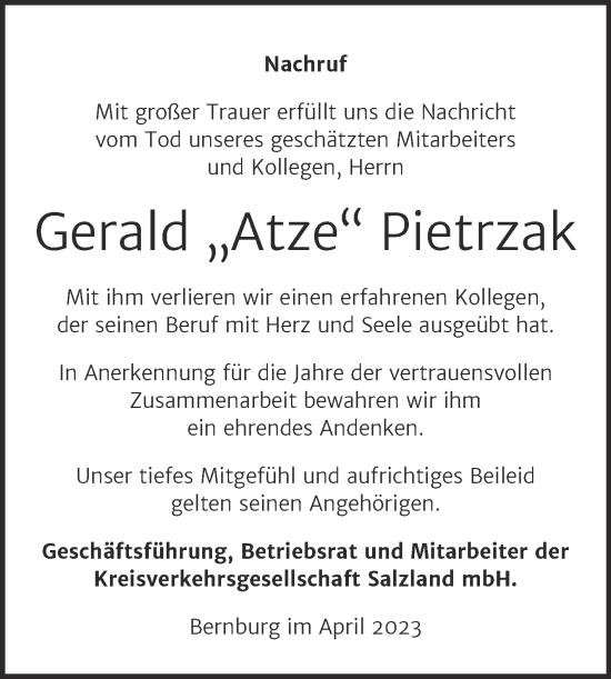 Traueranzeige von Gerald Pietrzak von Super Sonntag Bernburg
