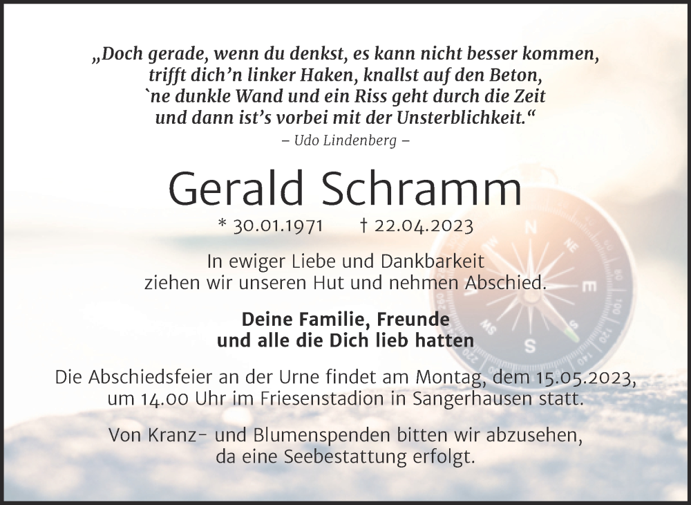  Traueranzeige für Gerald Schramm vom 06.05.2023 aus Trauerkombi Sangerhausen