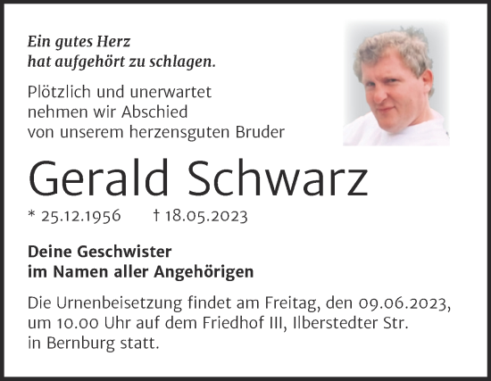 Traueranzeige von Gerald Schwarz von Trauerkombi Bernburg