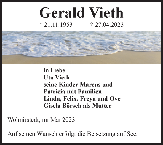 Traueranzeige von Gerald Vieth von Volksstimme Haldensleben/Wolmirstedt