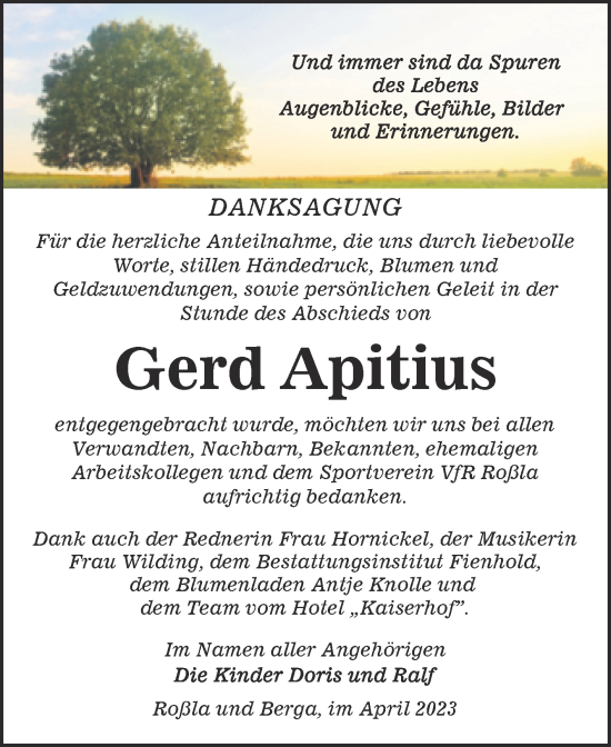 Traueranzeige von Gerd Apitius von Trauerkombi Sangerhausen