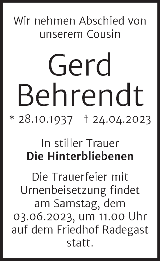 Traueranzeige von Gerd Behrendt von Trauerkombi Köthen