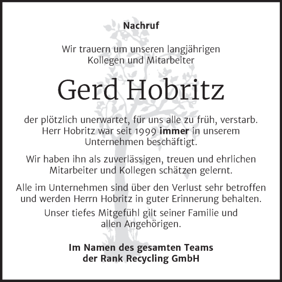 Traueranzeige von Gerd Hobritz von Wochenspiegel Naumburg/Nebra