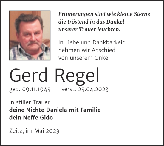 Traueranzeige von Gerd Regel von Trauerkombi Zeitz