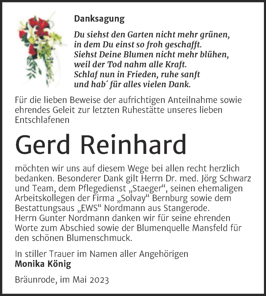  Traueranzeige für Gerd Reinhard vom 06.05.2023 aus Trauerkombi Mansfelder Land