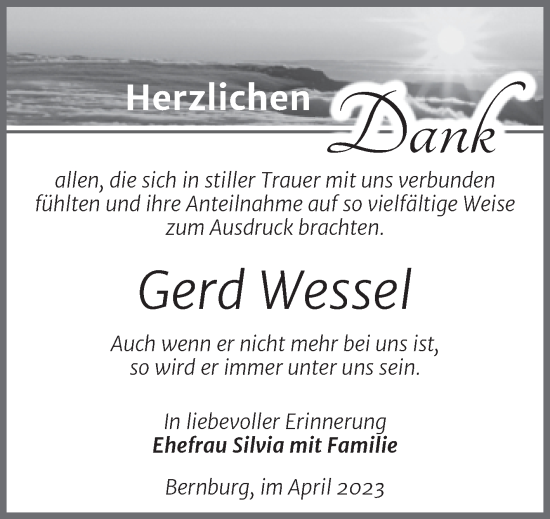 Traueranzeige von Gerd Wessel von Trauerkombi Bernburg