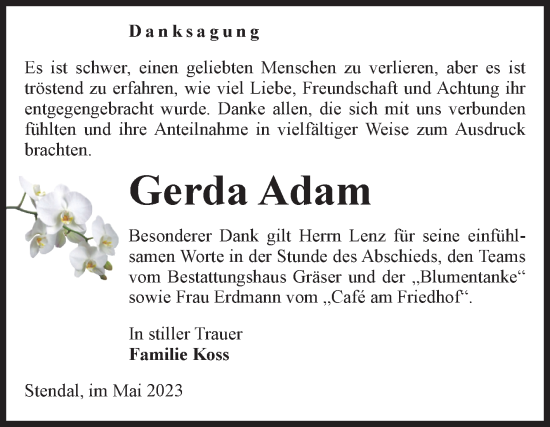 Traueranzeige von Gerda Adam von Volksstimme Altmark Ost