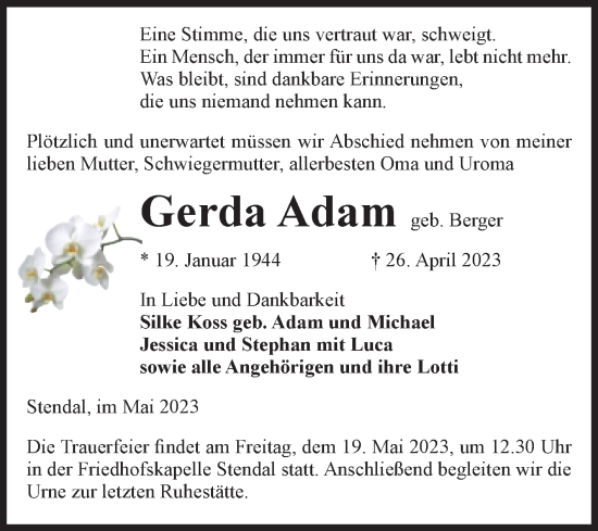 Traueranzeige von Gerda Adam von Volksstimme Altmark Ost