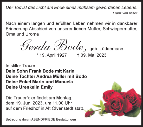 Traueranzeige von Gerda Bode, von Volksstimme Magdeburg