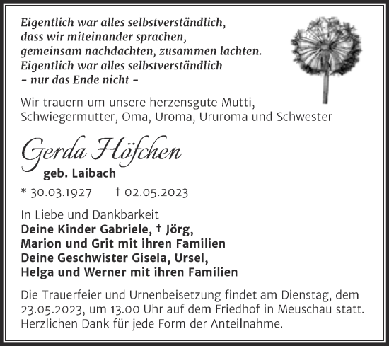 Traueranzeige von Gerda Höfchen von Trauerkombi Merseburg