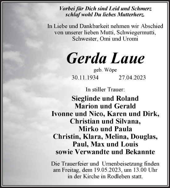 Traueranzeige von Gerda Laue von Trauerkombi Dessau