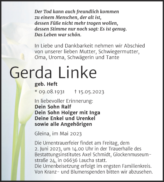 Traueranzeige von Gerda Linke von Wochenspiegel Naumburg/Nebra