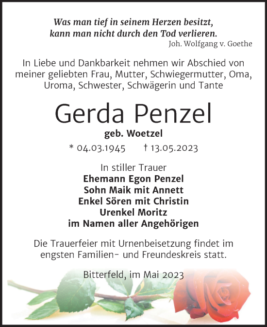 Traueranzeige von Gerda Penzel von Trauerkombi Bitterfeld