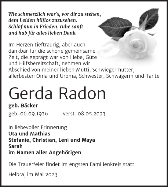 Traueranzeige von Gerda Radon von Mitteldeutsche Zeitung Mansfelder Land