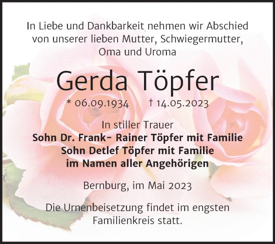 Traueranzeige von Gerda Töpfer von Trauerkombi Bernburg
