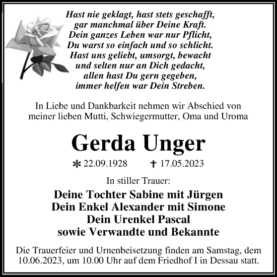 Traueranzeige von Gerda Unger von Trauerkombi Dessau