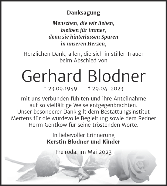 Traueranzeige von Gerhard Blodner von Wochenspiegel Naumburg/Nebra