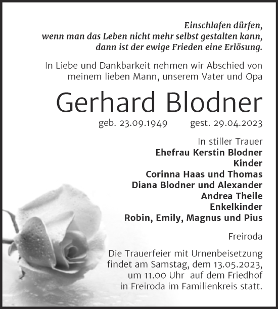 Traueranzeige von Gerhard Blodner von Wochenspiegel Naumburg/Nebra
