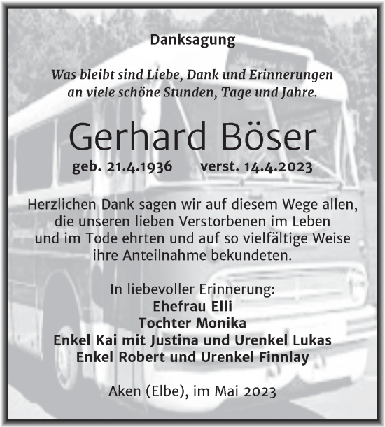 Traueranzeige von Gerhard Böser von Trauerkombi Köthen