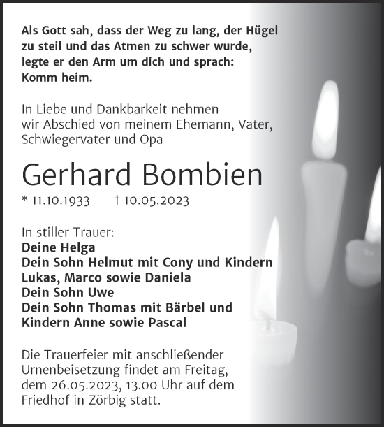 Traueranzeige von Gerhard Bombien von Trauerkombi Bitterfeld