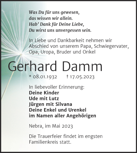 Traueranzeige von Gerhard Damm von Wochenspiegel Naumburg/Nebra