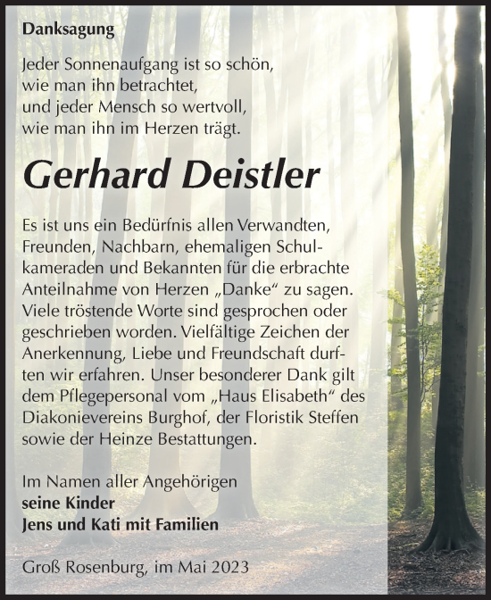 Traueranzeige von Gerhard Deistler von Volksstimme Schönebeck