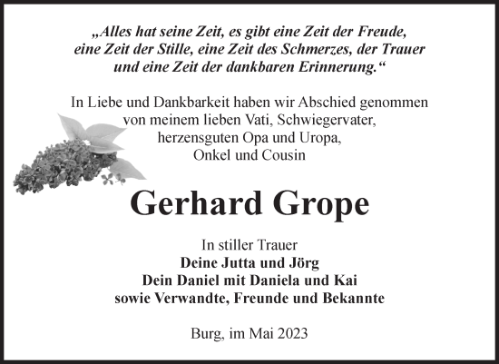 Traueranzeige von Gerhard Grope von Volksstimme Burg/Genthin