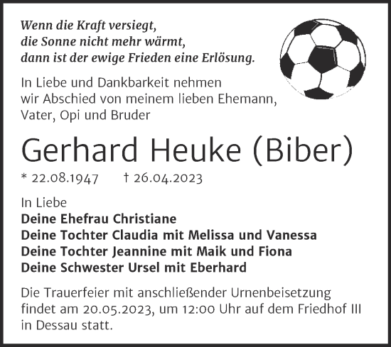 Traueranzeige von Gerhard Heuke von Trauerkombi Dessau