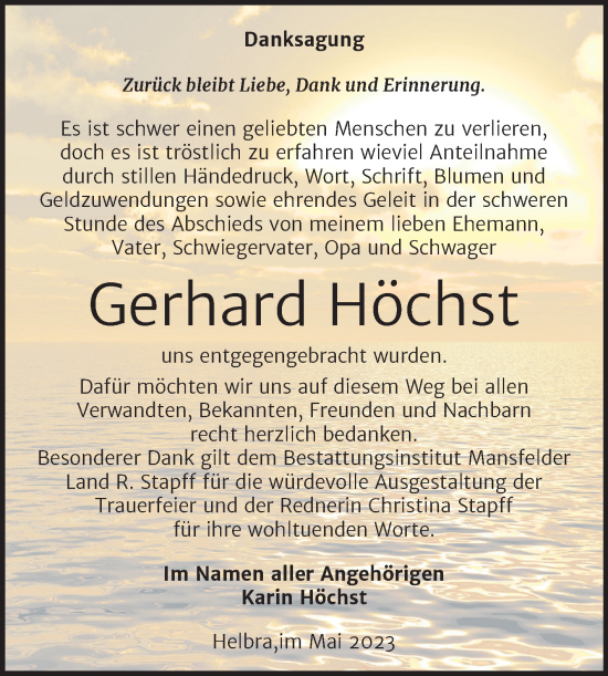 Traueranzeige von Gerhard Höchst von Trauerkombi Mansfelder Land