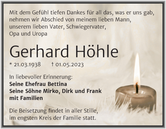 Traueranzeige von Gerhard Höhle von Mitteldeutsche Zeitung Halle/Saalkreis