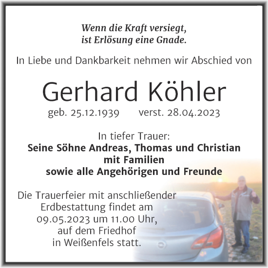 Traueranzeige von Gerhard Köhler von Trauerkombi Weißenfels