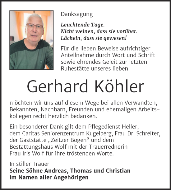Traueranzeige von Gerhard Köhler von Trauerkombi Weißenfels