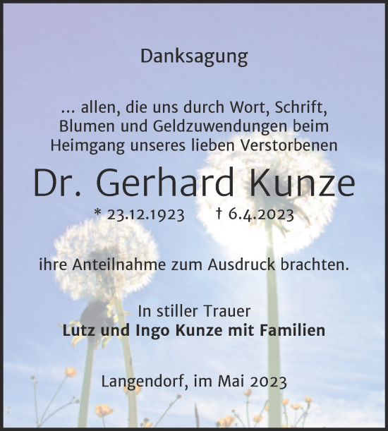 Traueranzeige von Gerhard Kunze von Trauerkombi Weißenfels