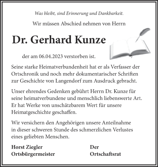 Traueranzeige von Gerhard Kunze von Wochenspiegel Weißenfels