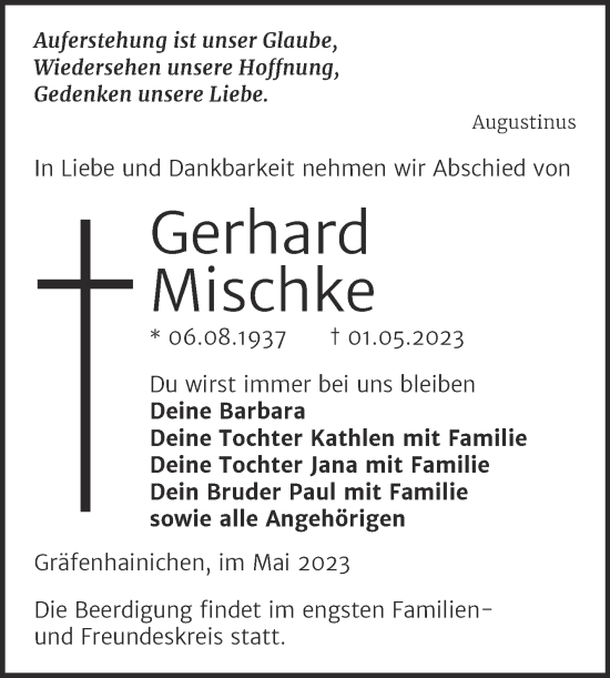 Traueranzeige von Gerhard Mischke von Trauerkombi Wittenberg