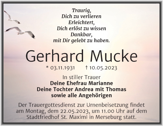 Traueranzeige von Gerhard Mucke von Trauerkombi Merseburg