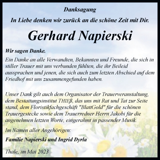 Traueranzeige von Gerhard Napierski von Trauerkombi Quedlinburg