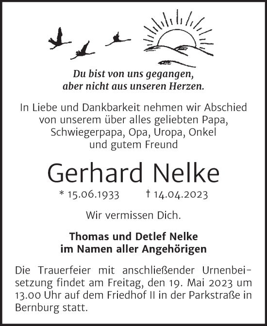 Traueranzeige von Gerhard Nelke von Trauerkombi Bernburg