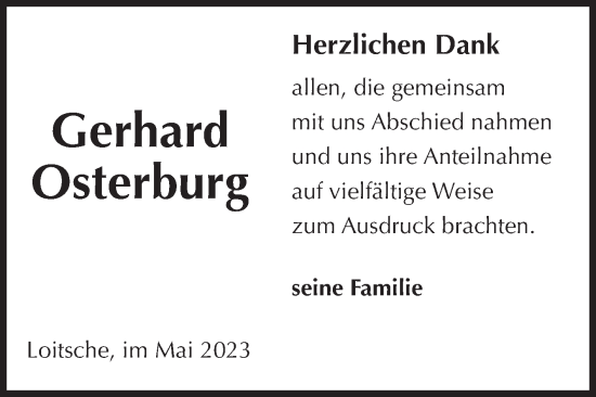 Traueranzeige von Gerhard Osterburg von Volksstimme Haldensleben/Wolmirstedt