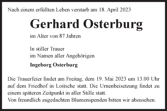 Traueranzeige von Gerhard Osterburg von Volksstimme Haldensleben/Wolmirstedt