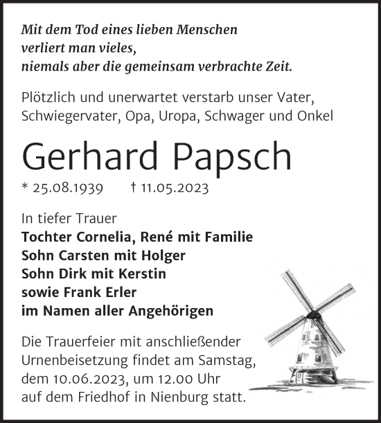 Traueranzeige von Gerhard Papsch von Trauerkombi Bernburg