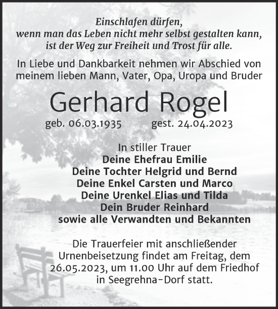 Traueranzeige von Gerhard Rogel von Trauerkombi Wittenberg