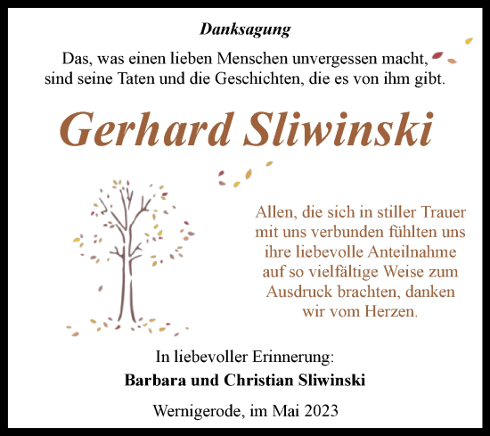 Traueranzeige von Gerhard Sliwinski von Volksstimme Wernigerode