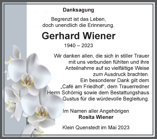 Traueranzeige von Gerhard Wiener von Volksstimme Halberstadt
