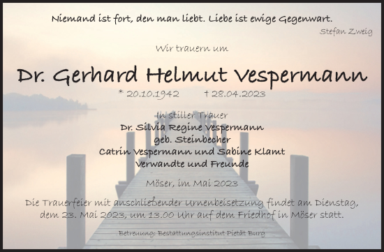 Traueranzeige von Gerhard Helmut Vespermann von Volksstimme Burg/Genthin