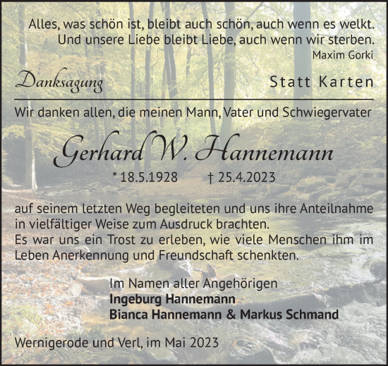 Traueranzeige von Gerhard W. Hannemann von Volksstimme Wernigerode