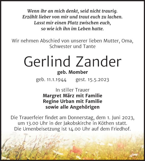 Traueranzeige von Gerlind Zander von Trauerkombi Köthen